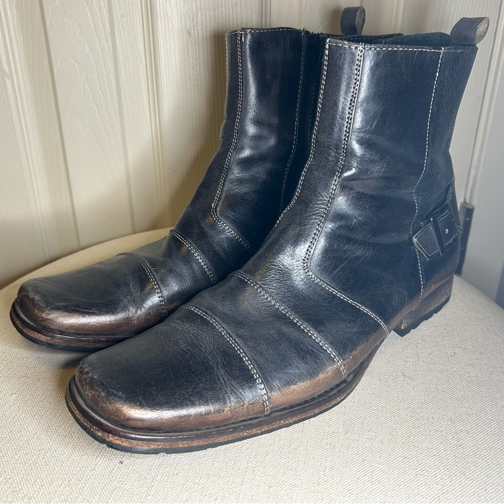 Mark Nason Men's Black Leather Chelsea Boots with Brown Patina